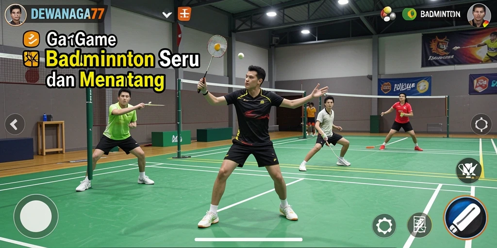 Tampilan antarmuka DEWANAGA77 menampilkan arena badminton yang dinamis.