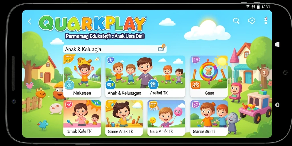 Antarmuka warna-warni dan permainan interaktif untuk anak-anak.