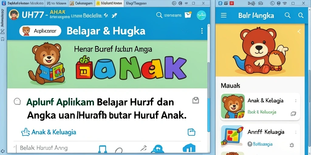 Tampilan aplikasi UH77 yang menarik untuk belajar huruf dan angka.